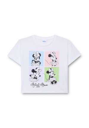 Camiseta corta de algodón blanca con cuatro ilustraciones en blanco y negro de Minnie Mouse sobre un fondo colorido, con el texto "Minnie Mouse xoxo."