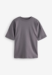 Graues T-Shirt mit kurzen Ärmeln und Rundhalsausschnitt, aus glattem Stoff, mit lässiger Passform und sauberen Nahtdetails.