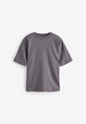 Hallhiiheline hall T-särk ümmarguse kaelusega, valmistatud siledast kangast, millel on lõdva lõike ja puhtad õmblusdetailid.