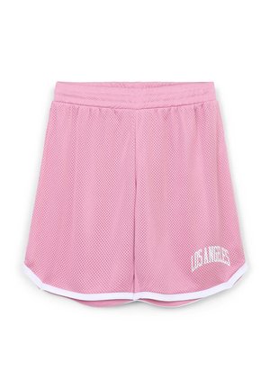Shorts atletici in rete rosa con un elastico bianco in vita e orlo bianco a contrasto. Presentano la scritta "LOS ANGELES" in bianco sul davanti.