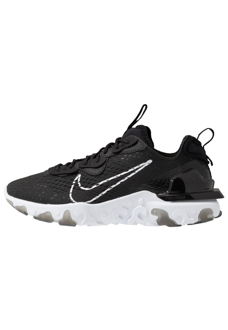 Black athletic shoe with a textured fabric upper, white Nike swoosh, and thick white sole. Features a pull tab on the heel for easy wear.