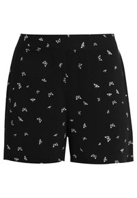 Shorts noirs avec un motif de papillon blanc, fabriqués en tissu doux. Le design comprend une taille lisse et une coupe ajustée.