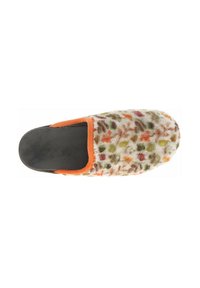 Chausson en peluche, à enfiler, de couleur crème avec des points multicolores et une bordure orange. Matériau doux avec une semelle noire pour le confort et l'adhérence.