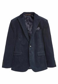Navy corduroy blazer with notch lapels, two front pockets, and a patterned inner lining. Features a chest pocket and metal buttons.