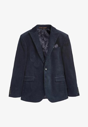 Navy corduroy blazer met notch lapels, twee voorkisten en een patroon in de voering. Heeft een borstzak en metalen knopen.