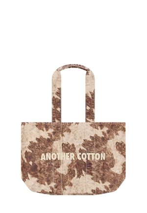 Braune und beige melierte Baumwoll-Tragetasche mit zwei Henkeln und dem Text "ANOTHER COTTON" in der vorderen Mitte bedruckt.