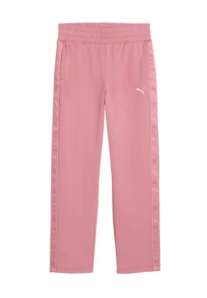 Pink Puma træningsbukser med elastisk linning, sidestriber med små Puma-logoer og et hvidt Puma-logo på venstre lår.