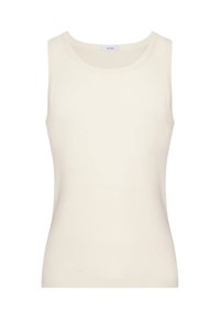 Top senza maniche di colore crema con scollatura rotonda, realizzato in tessuto liscio, caratterizzato da un design aderente e dettagli di cucitura discreti.