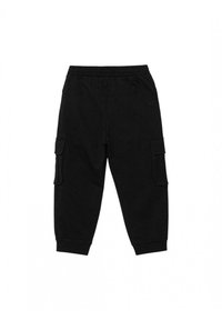 Schwarze Cargo-Hose mit elastischem Bund, Bündchen an den Knöcheln und zwei seitlichen Cargo-Taschen. Hergestellt aus einem weichen Baumwollmischgewebe.