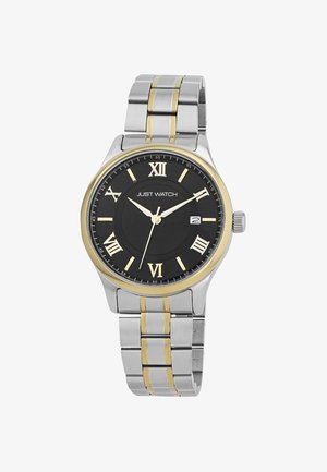 Silber- und goldfarbene Edelstahluhr mit schwarzem Zifferblatt, römischen Ziffern, Datumsanzeige und einem polierten Metallband mit Gliedern.