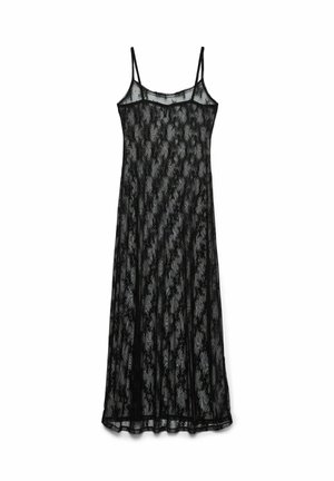 Zwarte kanten slipdress met dunne schouderbandjes, voorzien van een doorschijnend bloempatroon, rechte snit en een soepele textuur. De zoom eindigt net boven de enkel.