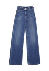 Vidde jeans i medium blå vask, der har høj talje, bæltestropper, forlommer og subtilt slid for tekstur.