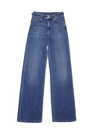 Vidde jeans i medium blå vask, der har høj talje, bæltestropper, forlommer og subtilt slid for tekstur.