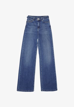 Jeans in denim a gamba larga in blu medio, con vita alta, passanti per cintura, tasche frontali e leggere sfumature per un effetto texture.