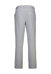 Gray sweatpants with a relaxed fit, featuring an elastic waistband, two back pockets, and a soft, textured fabric.