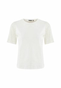 T-shirt en coton blanc avec manches courtes en dentelle. Col rond, silhouette ajustée et détails en dentelle texturée sur les manches pour un contraste de design.