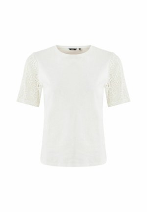 Camiseta blanca de algodón con mangas cortas de encaje. Cuello redondo, silueta ajustada y detalles texturizados de encaje en las mangas para un contraste de diseño adicional.