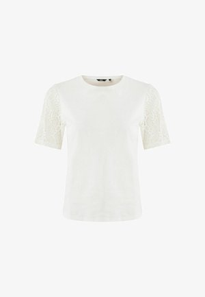 Witte katoenen t-shirt met kanten korte mouwen. Ronde hals, aansluitende pasvorm en gestructureerde kantdetails op de mouwen voor een extra ontwerpaspect.
