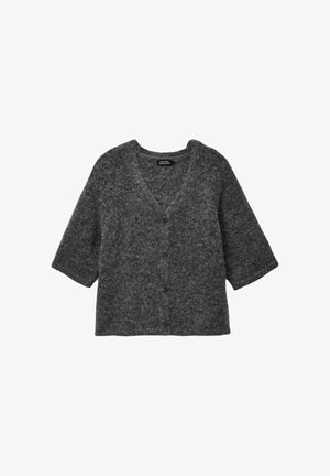 Cardigan gris à manches courtes en maille texturée ; offre un décolleté en V, cinq boutons à l'avant, avec une coupe décontractée et ample.