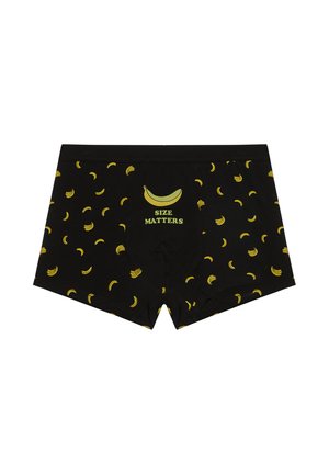 Boxer neri con motivo a banane gialle e una grande banana sopra il testo "LE DIMENSIONI CONTANO" al centro davanti.