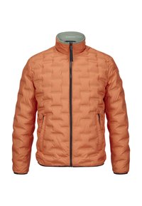 Steppjacke in Orange mit gesteppter Struktur, hohem Kragen, Frontreißverschluss und zwei seitlichen Taschen. Kontrastierende schwarze Details an den Reißverschlüssen.