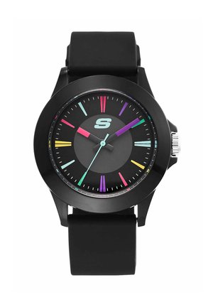 Reloj de pulsera negro con marcadores de hora multicolor y agujas, logo turquesa "S" en el centro y correa de silicona negra.