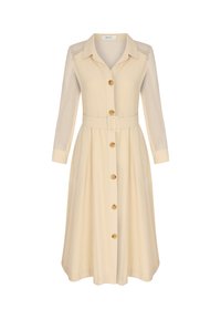 Abito button-up beige con colletto, maniche lunghe in rete, vita cintrata da una cintura e gonna svasata, caratterizzato da bottoni dorati rotondi.