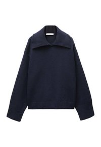 Navy blue knitted sweater with wide ribbed shawl collar, long sleeves, and ribbed cuffs and hem.
