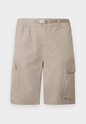 Beežid cargo lühikesed püksid reguleeritava vöö, lukuga tasku vasakul jalal ja klapitasku paremal jalal, näha eestpoolt.