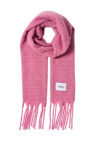 Rosa tørklæde med en struktureret fabric, der har frynser i kanten og et lille hvidt mærke med "CECIL." Den overordnede form er lang og rektangulær.