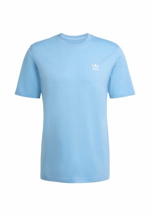 T-shirt en coton bleu clair avec des manches courtes. Présente un col rond et un petit logo Adidas blanc sur la poitrine. Coupe droite classique.