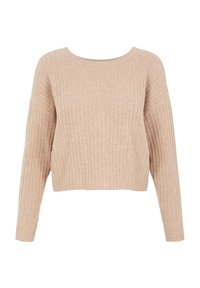 Beżowy sweter ribbed z długimi rękawami, okrągłym dekoltem i lekko skróconym dołem, wyeksponowany na białym tle.