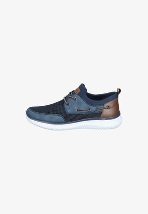 Navy blue and brown casual sneaker with mesh upper, white flexible sole, lace-up front, and heel pull tab for easy wear.