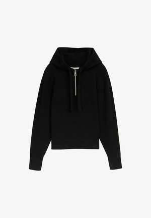 Hanorac negru cu fermoar pe față, fabricat dintr-un material tricotat moale. Dispune de o glugă spațioasă, mâneci lungi și mansete și tiv cu nervuri.