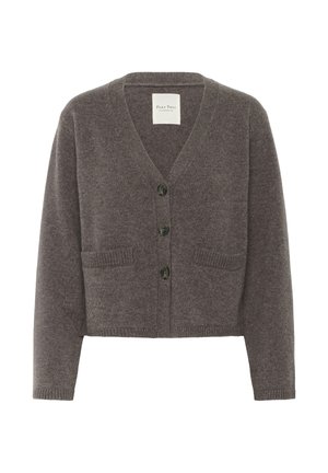Grauer gestrickter Cardigan mit V-Ausschnitt, langen Ärmeln und einer kurzen Passform. Verfügt über vier Knöpfe und zwei Fronttaschen.