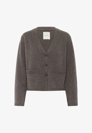 Gilet en tricot gris avec un col en V, des manches longues et une coupe courte. Comprend quatre boutons et deux poches avant.