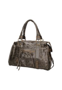 Borsa a tracolla in pelle grigia con forma arrotondata, doppi manici e dettagli con zip. Caratterizzata da hardware in ottone e finitura testurizzata.