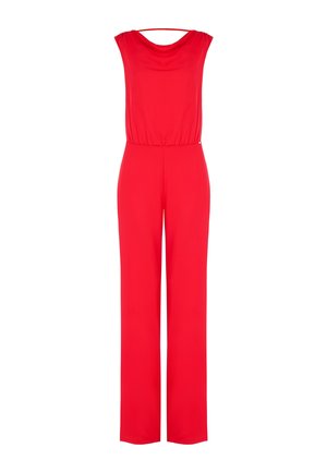 Tuta rossa senza maniche con gambe larghe, scollo a barca e leggero arricciatura in vita.