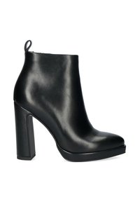 Stivaletto nero alla caviglia in pelle liscia, con tacco alto a blocco, suola con plateau, punta arrotondata e linguetta posteriore per facilitare la calzata.