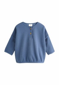 Blaues, geripptes Longsleeve-Oberteil mit rundem Halsausschnitt, zwei Holzknöpfen an der Vorderseite und einem elastischen Saum für eine lässige Passform.