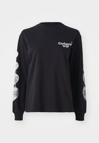 Crna majica dugih rukava od pamuka, sa "Carhartt WIP" logotipom na prednjoj strani i grafičkim otiscima uz rukave.