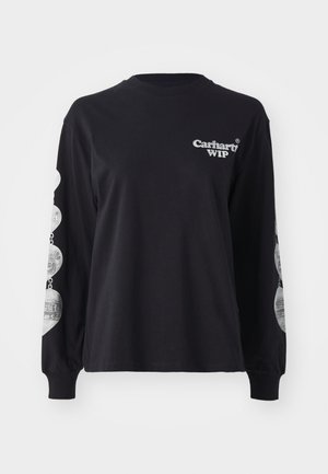 Schwarzes langärmliges T-Shirt aus Baumwolle mit dem "Carhartt WIP"-Logo auf der Vorderseite und grafischen Drucks entlang der Ärmel.