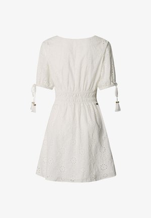 Vestido blanco de manga corta con bordado floral de ojales, cintura entallada, mangas cortas abullonadas con lazos y detalles de borlas en las mangas.