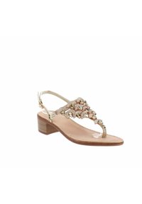 Sandal beige con tacco basso a blocco, decorato con accenti trasparenti e dorati, e un design floreale sulla fascia anteriore.