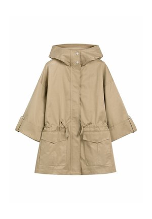 Beżowy peleryna przeciwdeszczowa z kapturem, zapinana na zatrzaski z przodu, z regulowanym sznurkiem w talii, szerokimi rękawami z patkami na guziki oraz dwoma dużymi przednimi kieszeniami na patkę.