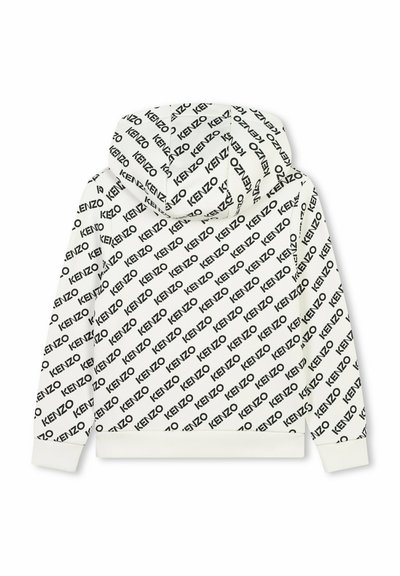 Sweat à capuche blanc avec un motif répétitif de logo "KENZO" noir. Comprend une capuche et des poignets côtelés, avec une texture douce et une coupe décontractée.
