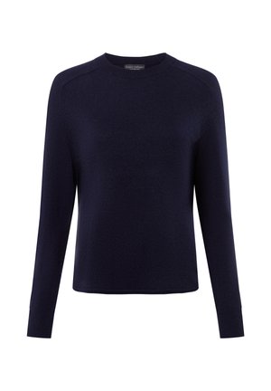 Navy blauwe gebreide trui met lange mouwen, een ronde hals en ribgebreide manchetten. Heeft een eenvoudige, gladde textuur zonder patronen.