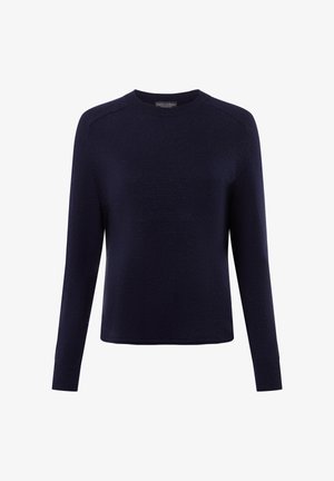 Navy blauwe gebreide trui met lange mouwen, een ronde hals en ribgebreide manchetten. Heeft een eenvoudige, gladde textuur zonder patronen.