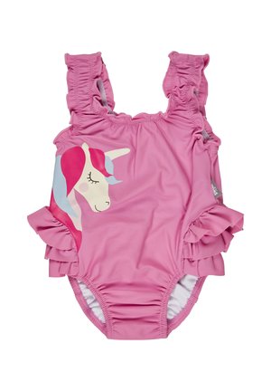 Rosa Badeanzug für Kleinkinder mit Rüschenträgern und -seiten, vorne mit einer ruhigen Einhornkopf-Grafik mit Regenbogenmähne.