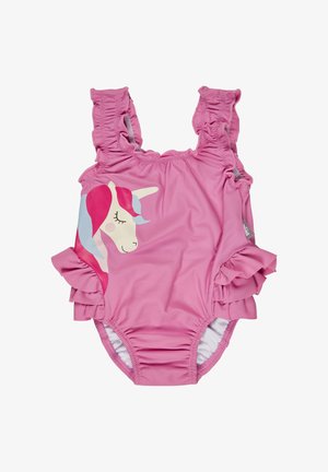 Pink toddler swimsuit with ruffled straps and sides, featuring a serene unicorn head with rainbow mane graphic on the front.